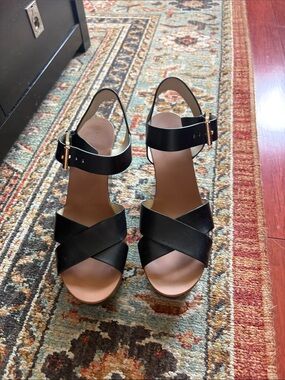 Michael Kors Black Crisscross Wedge Sandals with Gold Buckle